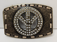 Peace Symbol Sign Rhinestone Bling Hole Border Hippy Silver Tone Belt Buckle
