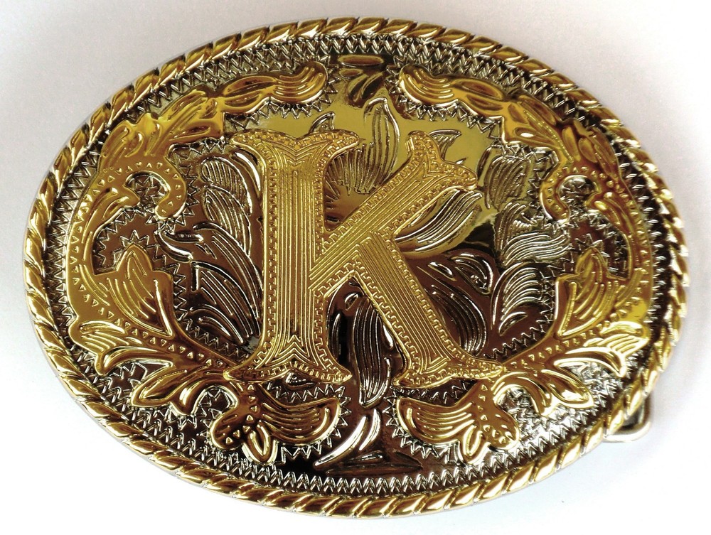 INITIAL  » K  » RODEO COWBOY LETTER SHINE GOLD SILVER WESTERN BELT BUCKLE
