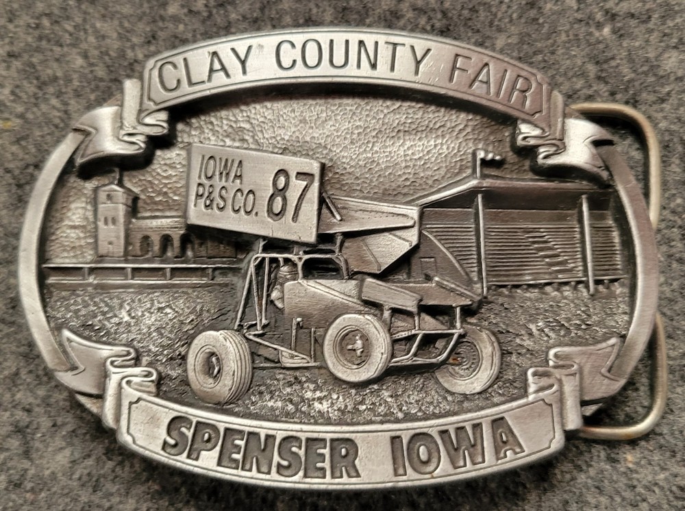 Clay County Fair Spenser, Iowa 1987 Pewter Belt Buckle. 4&Prime; x 2.5&Prime;