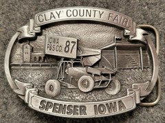 Clay County Fair Spenser, Iowa 1987 Pewter Belt Buckle. 4&Prime; x 2.5&Prime;