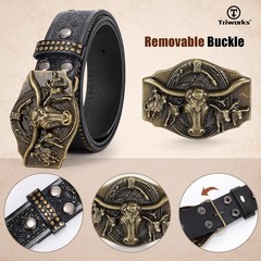 TRIWORKS Western Leather Belt for Men Cowboy Cowgirl Fit Size 34&Prime;-37&Prime;, Black