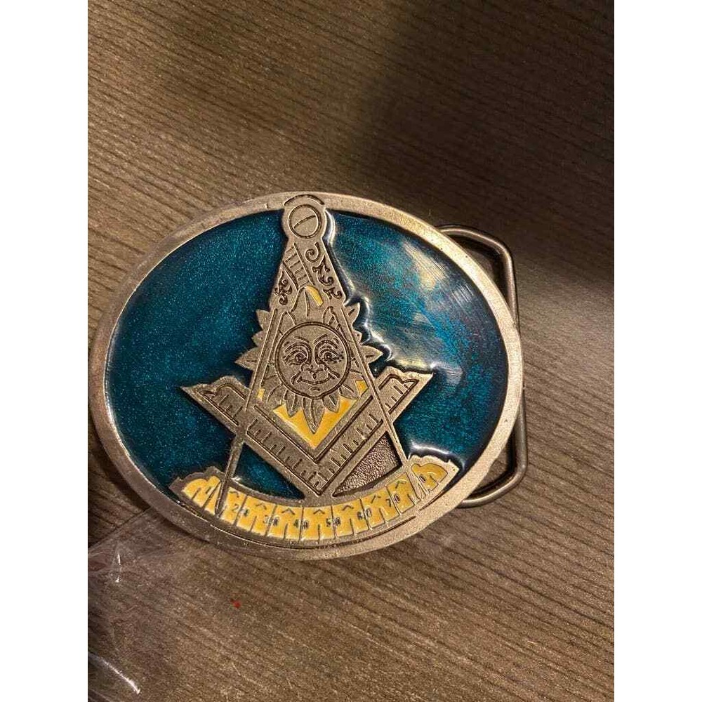 Vintage Rare Freemason Belt Buckle Sun Teal Colored Artifact