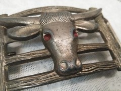 VTG. Cowboy Belt Buckle Long Horn Bull Head 4 »X2 » Silver Tone