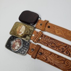 Vintage Three Handmade Western Leather Stone and Redwood Buckle Embossed Belts