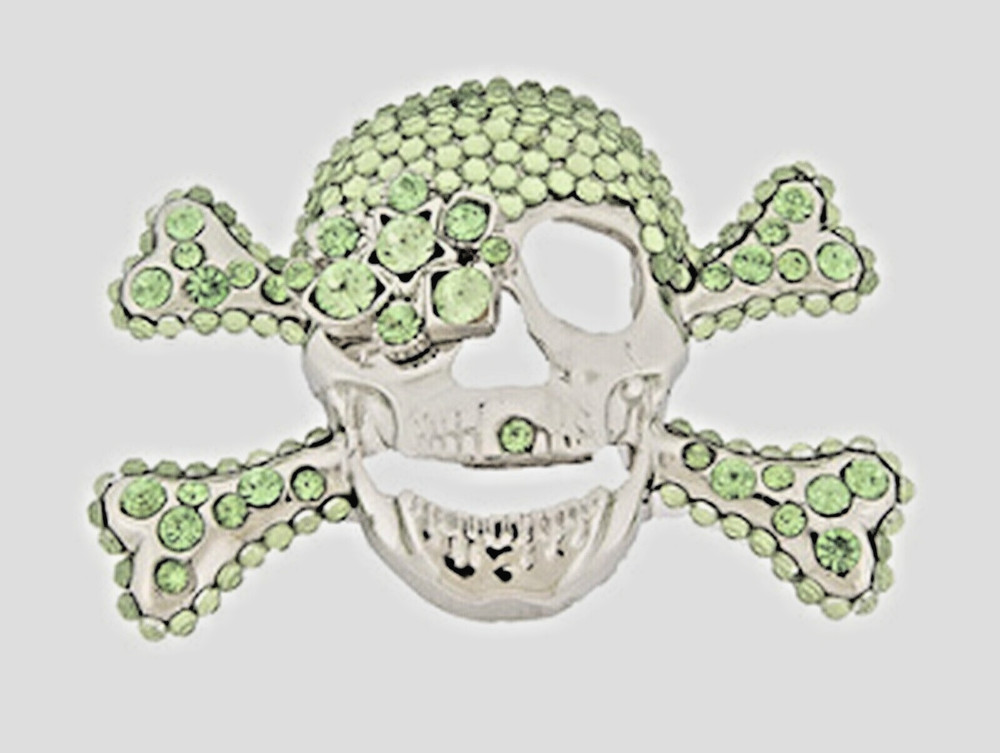 Skull Belt Buckle Crossbones Feather Halloween Pirate Costume Green Bling Metal