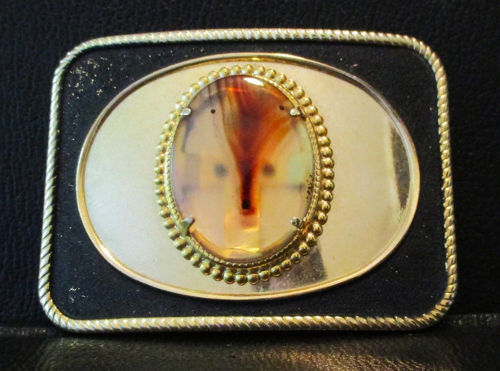 Vintage Brass Belt Buckle with Oval Shape Acrylic Looking Stone