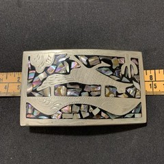 Western Belt Buckle with Roadrunner Bird Abalone Shell Southwest Cactus Inlaid
