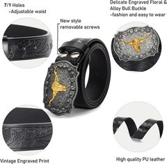 Western Cowboy-Belts for Men Big-Buckle Longhorn-Bull Pu-Leather Rodeo Cowgirl-B