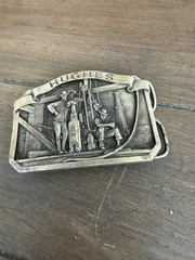 Lot of Metal Oilfield Belt Buckles + vintage Gold Tone Match Holder N Matchbox