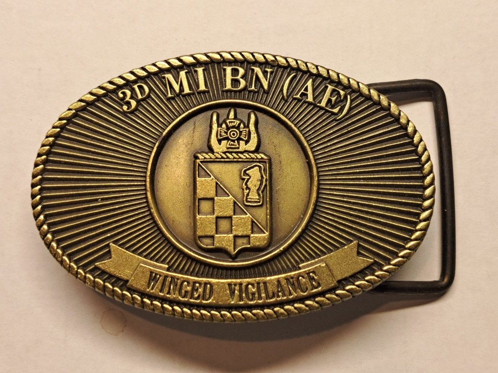 3D MI BN (AE) Belt Buckle Gold Tone Winged Vigilance Military Army Brass