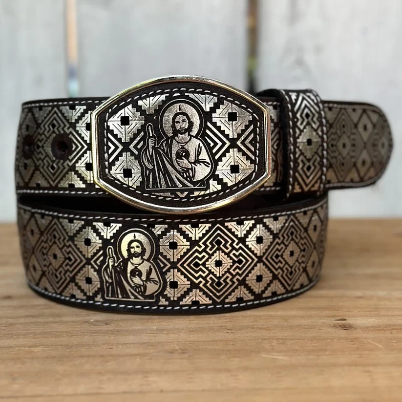 Genuine Laser Cut Leather San Judas Western Belt with Removable Buckle – Silver