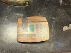 Vintage Belt Buckle With Wooden Brass and Stone Inlay