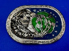 Skull Face Holding The Earth Grim Reaper Silver Green Gothic Biker Belt Buckle
