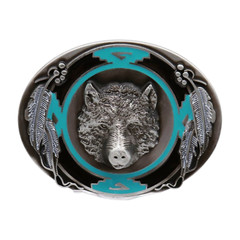 NEW Men Western Fashion Belt Buckle Silver Metal Bear Hunter Feather Black Blue