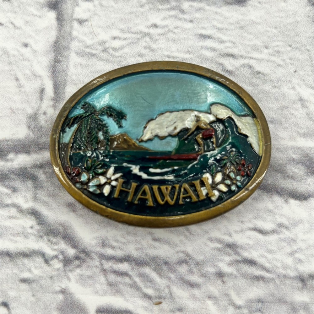 Vintage 1977 Indiana Metal Craft Hawaii Surfing Belt Buckle Enameled Brass Tone