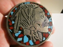 VINTAGE NATIVE INDIAN BELT BUCKLE CORAL & TURQUOISE INLAY GEMSTONES HEAVY GW-26