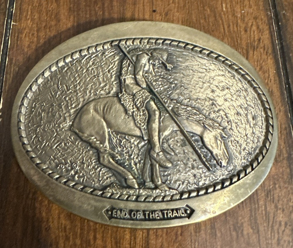 End of The Trail Indian Horse Cowboy Belt Buckle Solid Brass Vintage