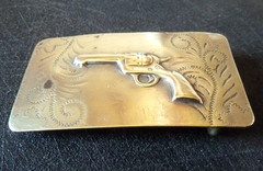 Vintage Western Brass Belt Buckle Embossed Revolver Gun Pistol Solid Bar RARE