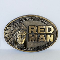 1988 Red Man Chewing Tobacco Belt Buckle Oval Brass Tone Western Americana Vtg