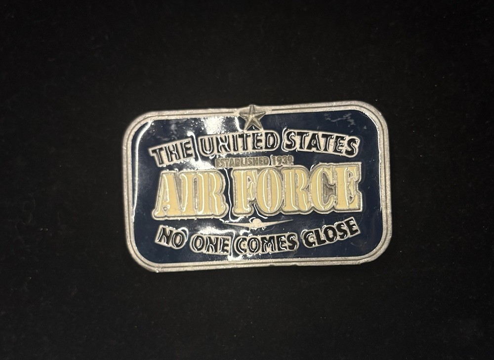 Vintage US Air Force belt buckle features blue and gold enamel RARE