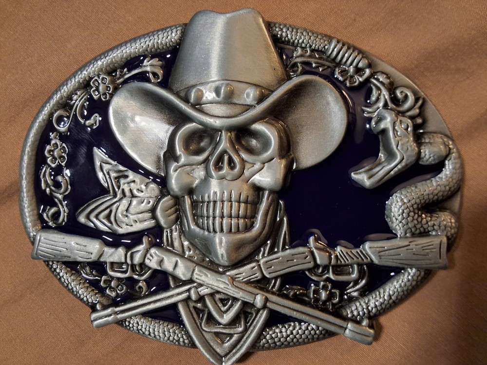 Cowboy Skull with Bandana Crossed Riffle Silver Toned Blue Enamel Belt Buckle