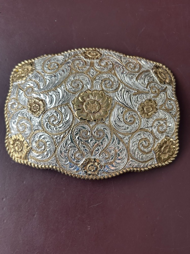 Crumrine Western Belt Buckle Two Tone Silver Gold Floral Scroll El Arturo Bronze