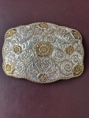 Crumrine Western Belt Buckle Two Tone Silver Gold Floral Scroll El Arturo Bronze