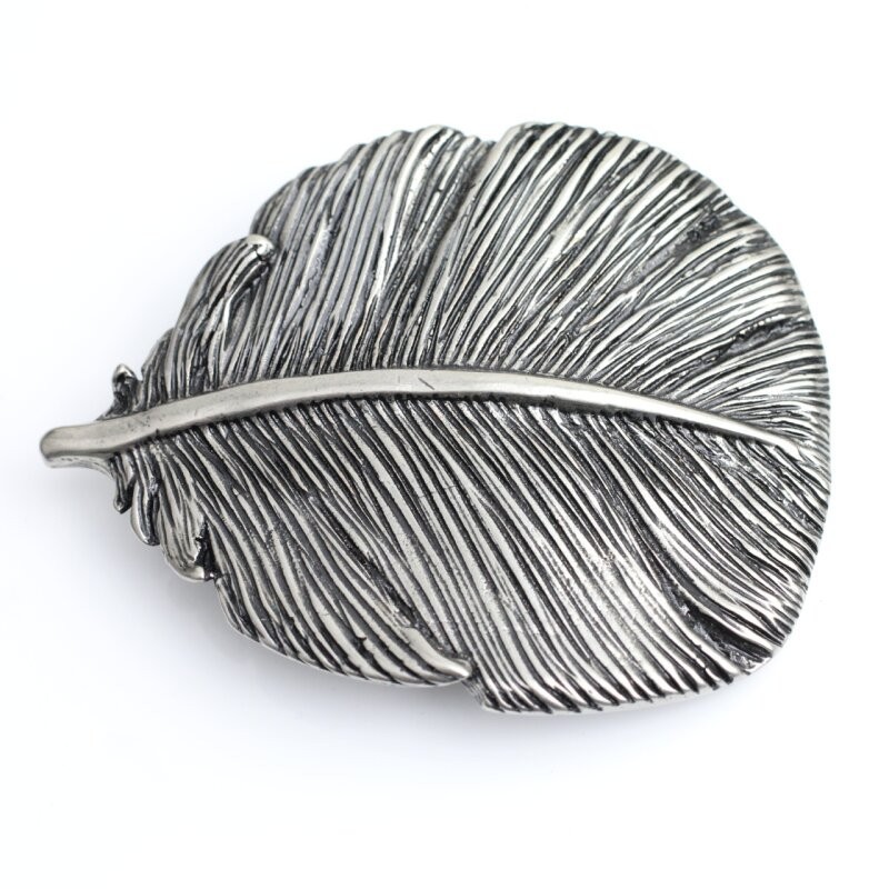 Large Feather Detailed Rustic Silver Vintage Look Oval Belt Buckle