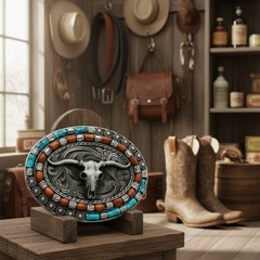 Men Silver Metal Buckle Western Fashion Bull Long Horn Texas Cow Rodeo Statement