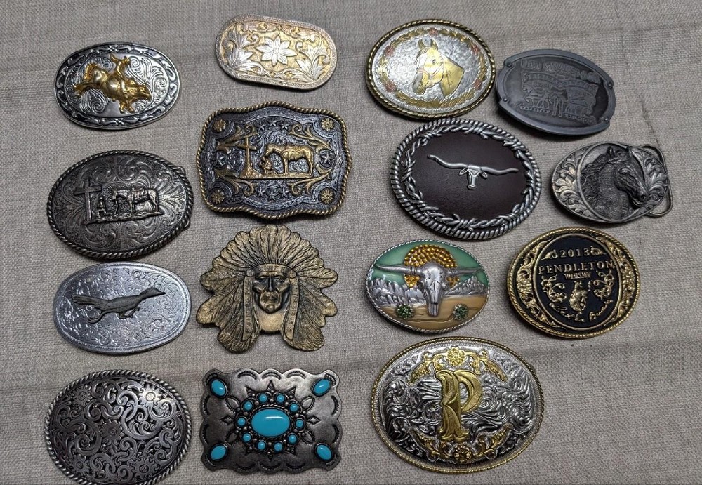 vintage LOT OF 15 belt buckles WESTERN native american RODEO cowboy HORSE