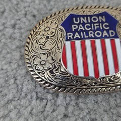 Union Pacific Railroad Belt Buckle Mens Silver Enamel Western Train Logo