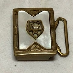 Vintage Belt Buckle Shell Inlaid Brass Ornate Design Marked Gloray Newport