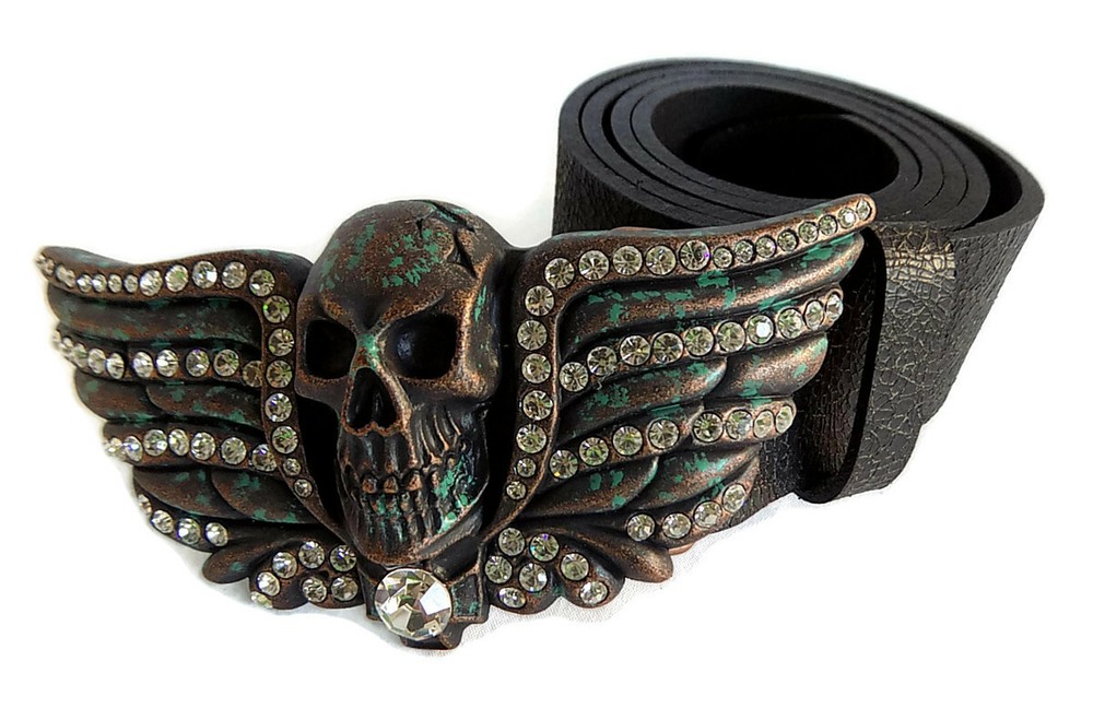 WASHED UP HOLLYWOOD #018PM 1½” CRYSTAL SKULL HEAD PATINA MARBLE BELT BUCKLE