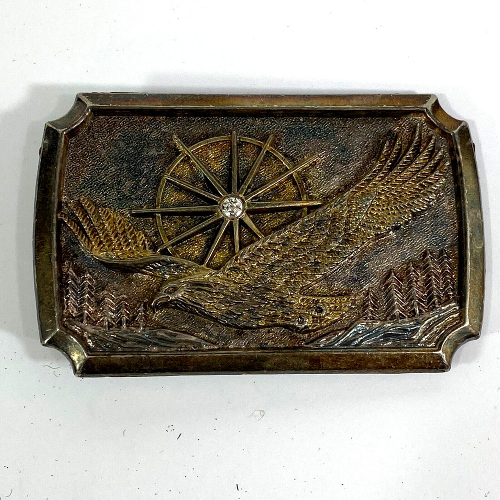 Soaring Eagle Belt Buckle Crystal Center Sunburst Trees Mountains Bronze Metal