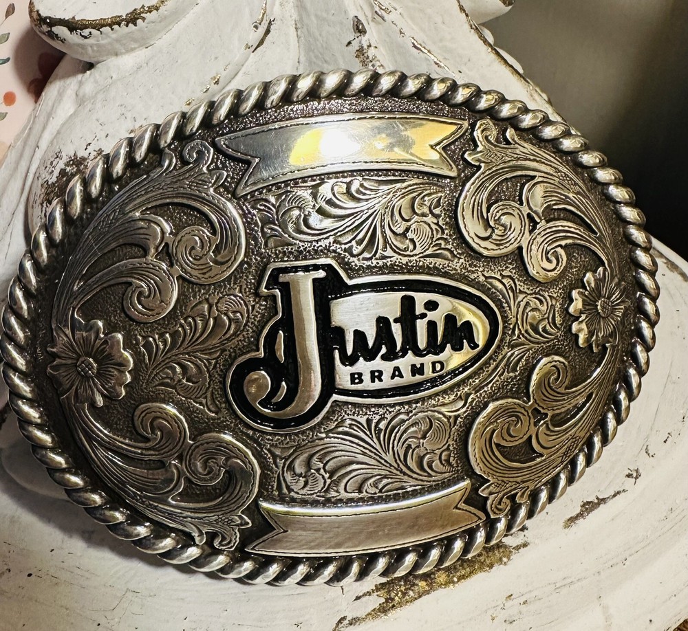 JUSTIN Boots Promo Silver Belt Buckle Western Scroll Work Cowboy Rodeo Oval