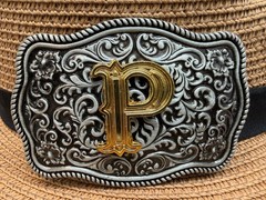 Antiqued Silver Gold Initial P Rectangle Western Cowboy Floral Vine Belt Buckle