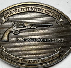 NRA Whittington Center Brass Belt Buckle Santa Fe Trail 1860 Colt 44 Revolver 3”