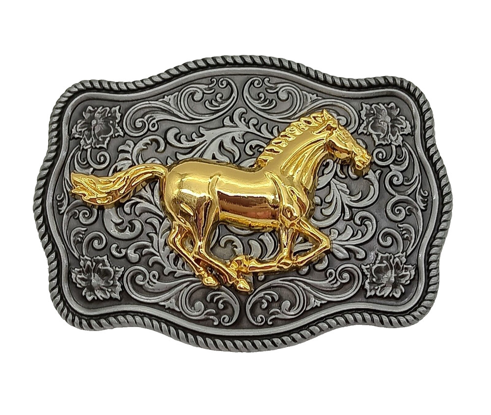 Western Belt Buckle – Horse with Floral Pattern Design – Men Women
