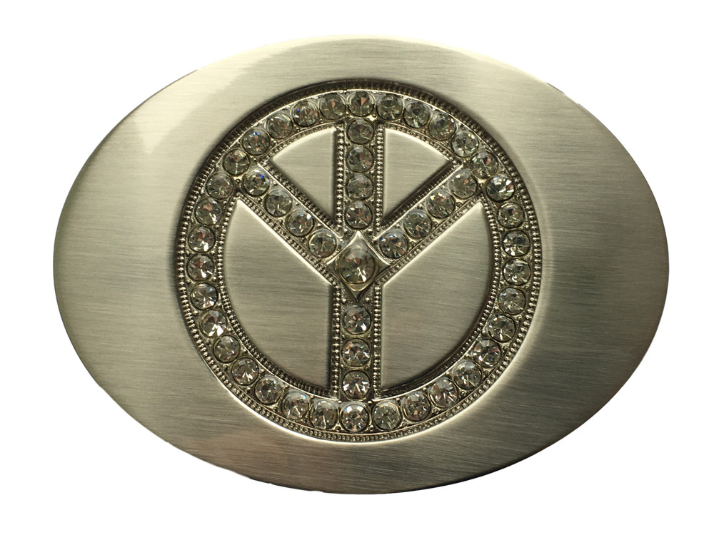 Belt Buckle Peace Symbol Silver with Diamante Inlay 40mm Biker Cowboy Western