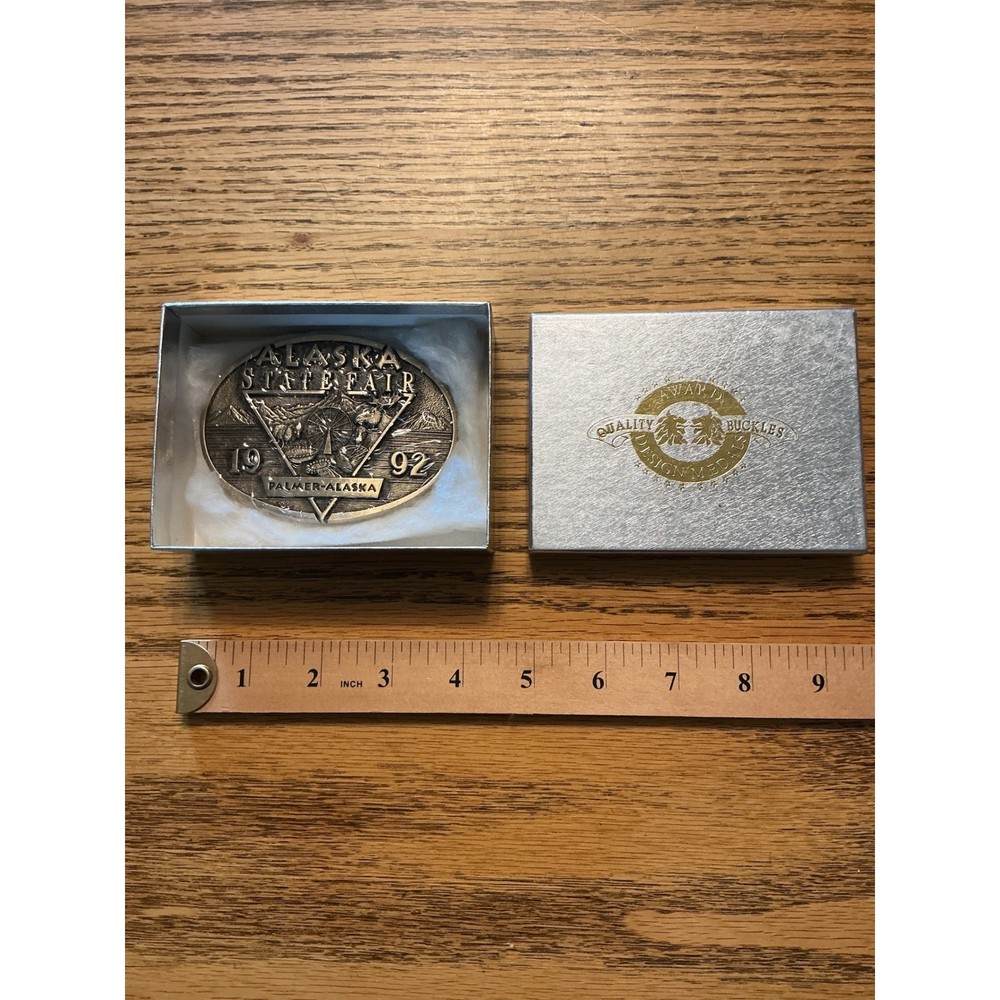 Vintage 1992 Alaska State Fair Belt Buckle Palmer Award Design Medals Brass box