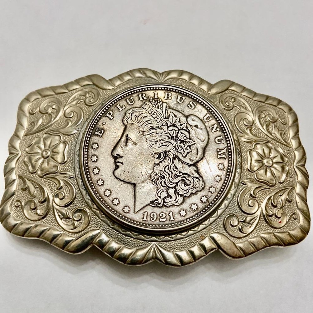 Antique 1921 Silver Morgan Dollar Coin Buckle 3.25in x 2.25in