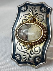 Vtg Western Style Belt Buckle Silvertone And Polished Cabochon Stone USA