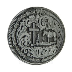Western Belt Buckle Praying Cowboy Kneeling at Cross Horse Antique Silver Floral
