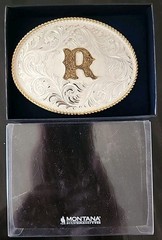 Montana Silversmiths® Silver Engraved Gold Trim « R » Initial Belt Buckle NEW