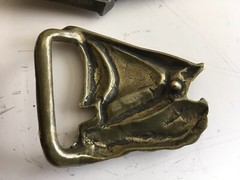 3 Vintage Belt Buckles – Snow Machine, Bull Dozer, Sail Boat – Unused