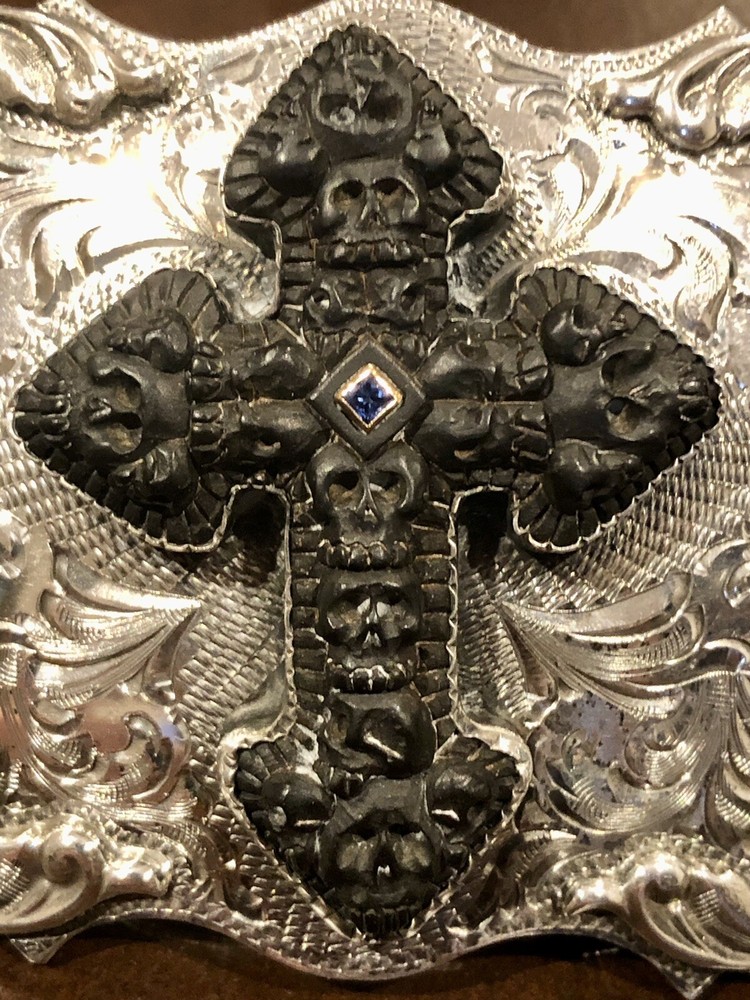 $8K JW Cooper / Comstock Heritage Hand Carved Jet Stone Cross-Skull Belt Buckle