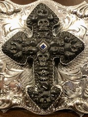$8K JW Cooper / Comstock Heritage Hand Carved Jet Stone Cross-Skull Belt Buckle