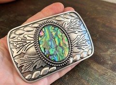 Abalone Shell Belt Buckle Engraved Silver Turquoise Inlay Fits 1.5 Inch Belt