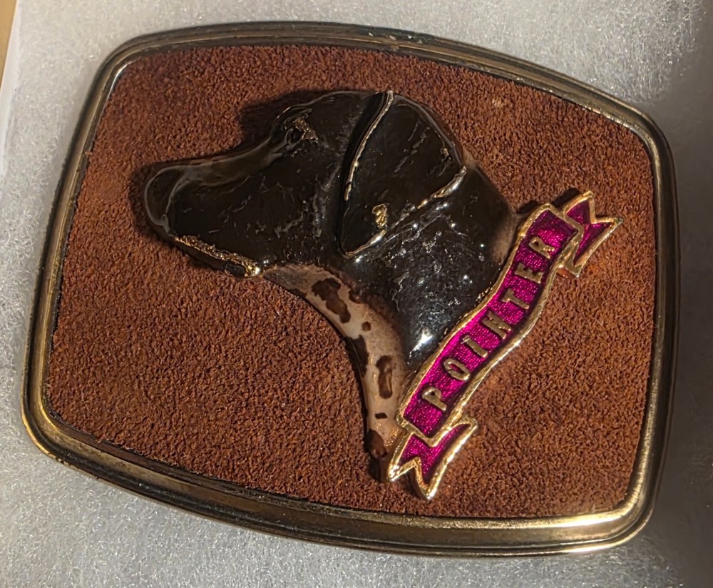 Vintage Metal Belt Buckle, Leather and Brass, Pointer Dog, Puppy, Canine, Nice