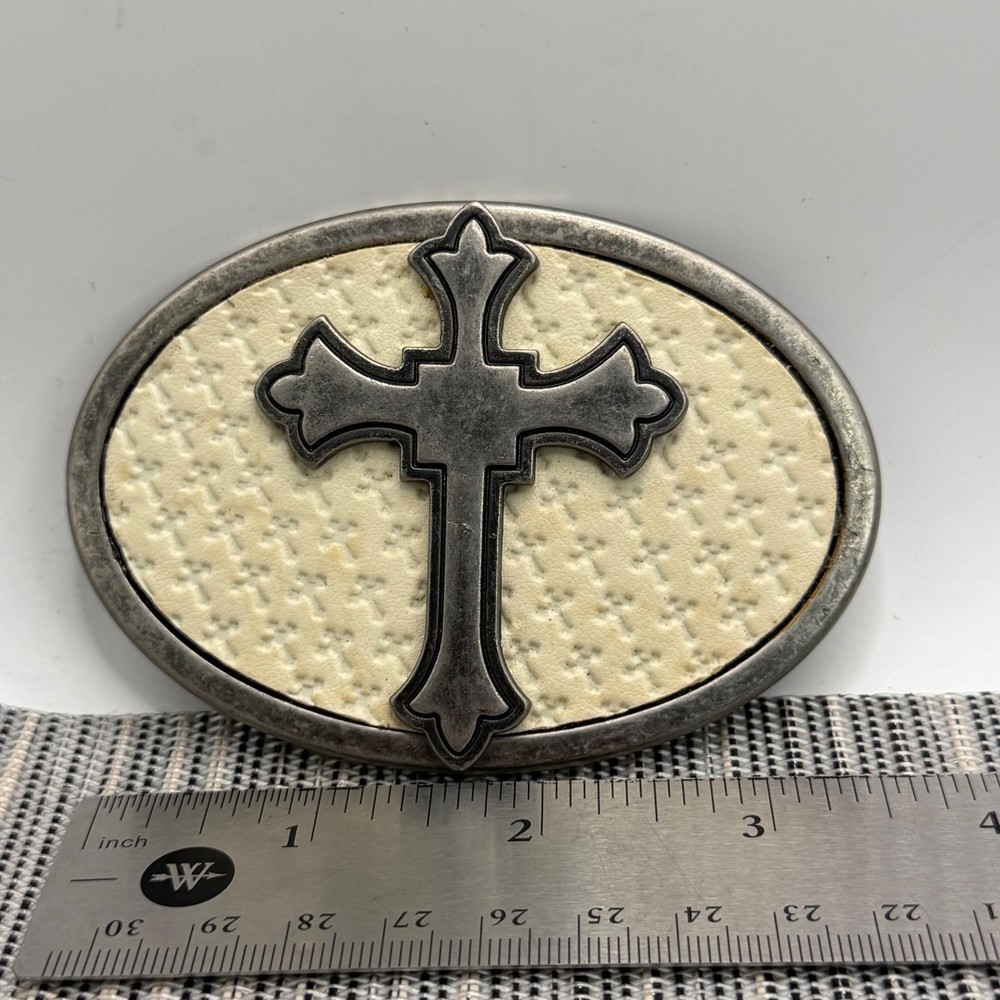 Vintage Style Cross Belt Buckle Oval Silver Tone Metal Cream Faux Leather Inlay